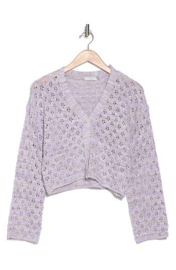 Lush Pointelle Knit Crop Cardigan In Dusty Lilac