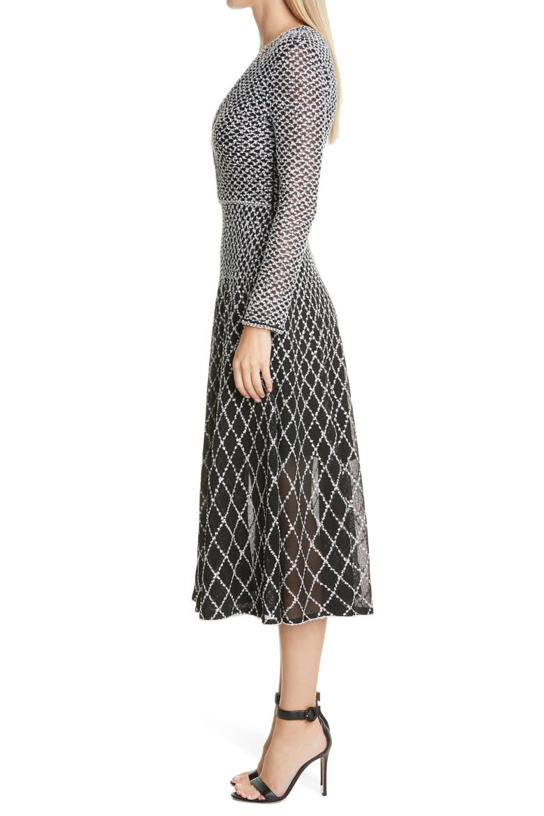 ST. JOHN Long Sleeve Diamond Knit Fit & Flare Midi Dress, Alternate, color, CAVIAR/ WHITE/ SILVER METALLIC