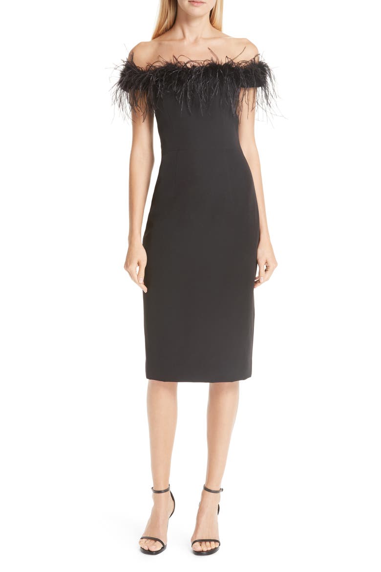 Elle Off the Shoulder Feather Detail Dress, Main, color, BLACK