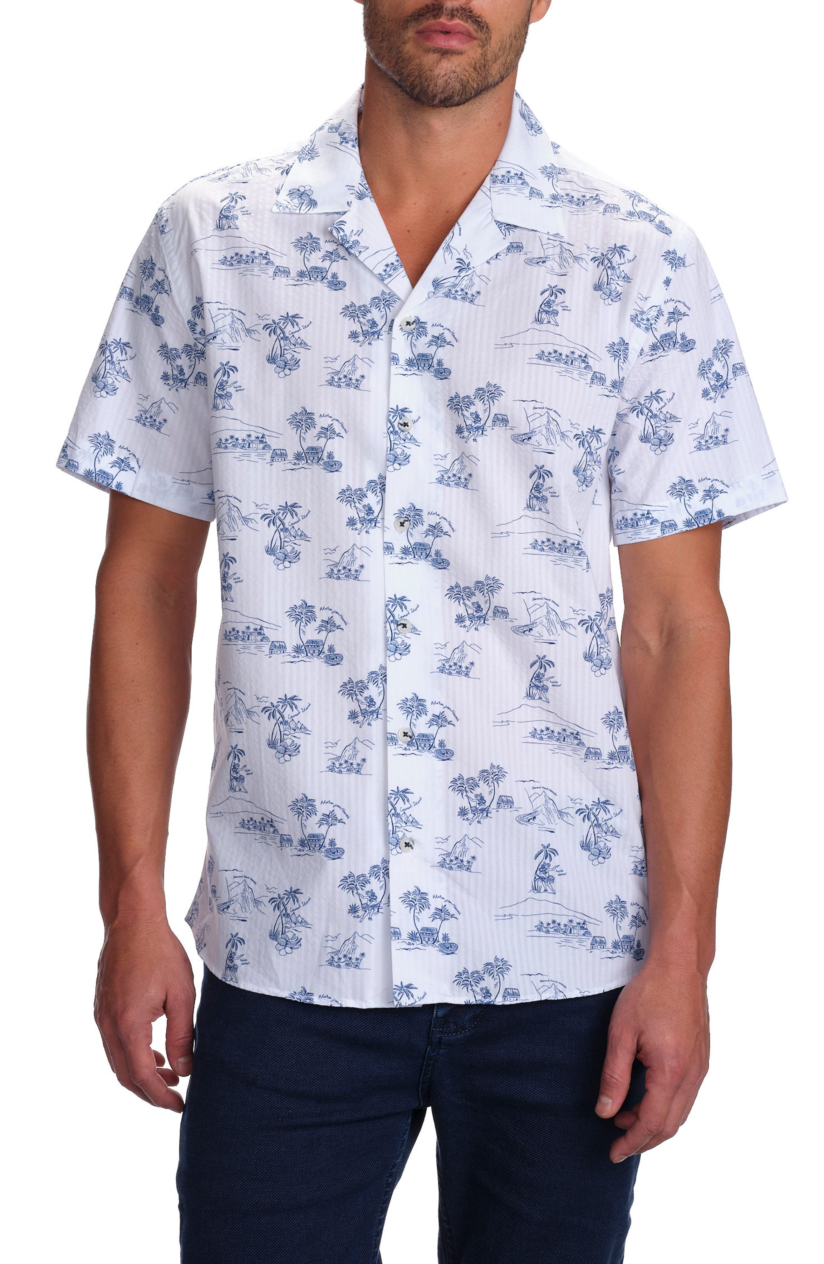 STUDIO GARNET LOS ANGELES Slim Fit Tropical Island Cotton Seersucker Camp Shirt