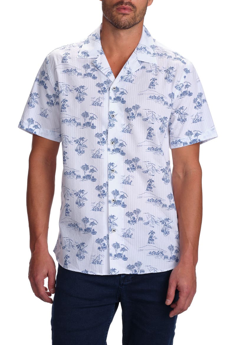 Slim Fit Tropical Island Cotton Seersucker Camp Shirt, Main, color, LAKE