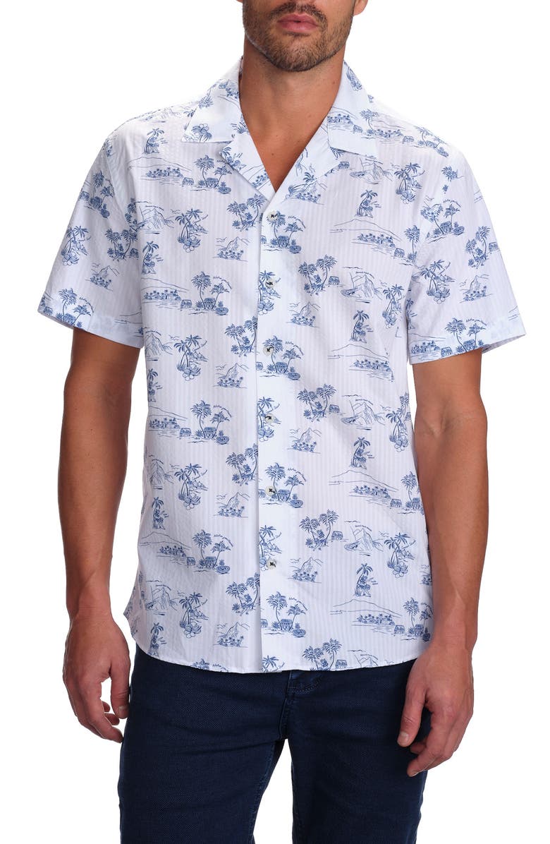STUDIO GARNET LOS ANGELES Slim Fit Tropical Island Cotton Seersucker Camp Shirt, Main, color, 