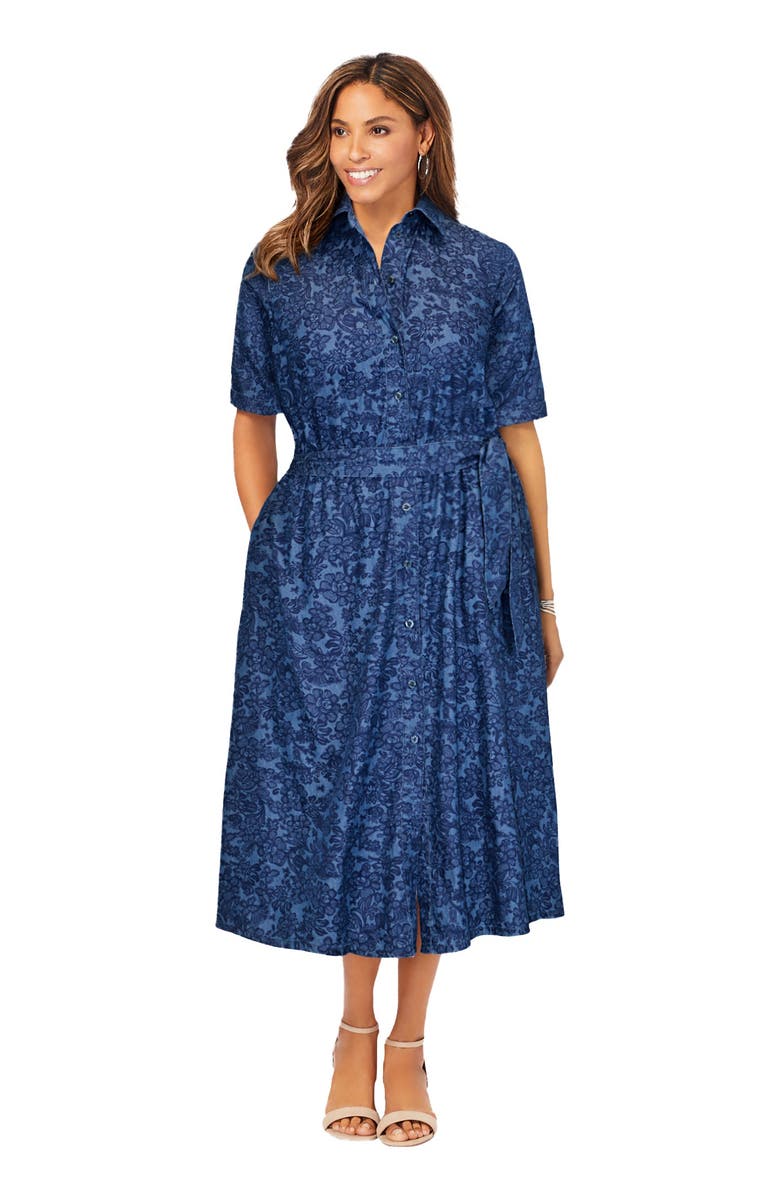 Jessica London Soft Denim Shirtdress, Main, color, Medium Stonewash Lace