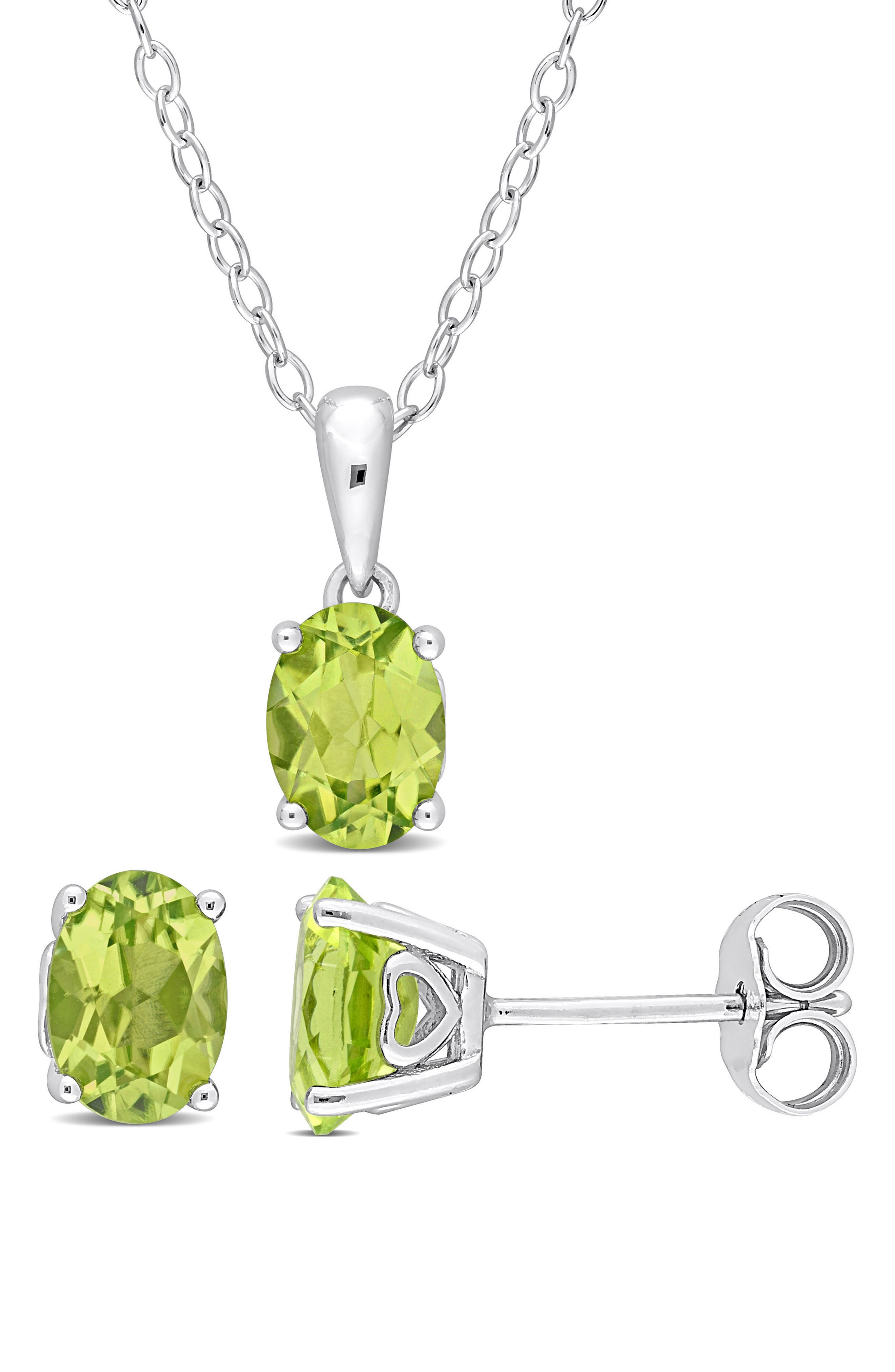 DELMAR Sterling Silver Oval Peridot Stud Earrings & Necklace Set