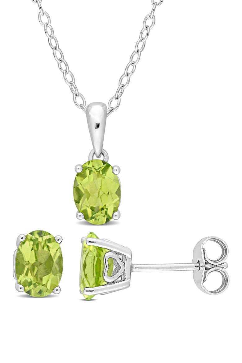 Sterling Silver Oval Peridot Stud Earrings & Necklace Set, Main, color, GREEN