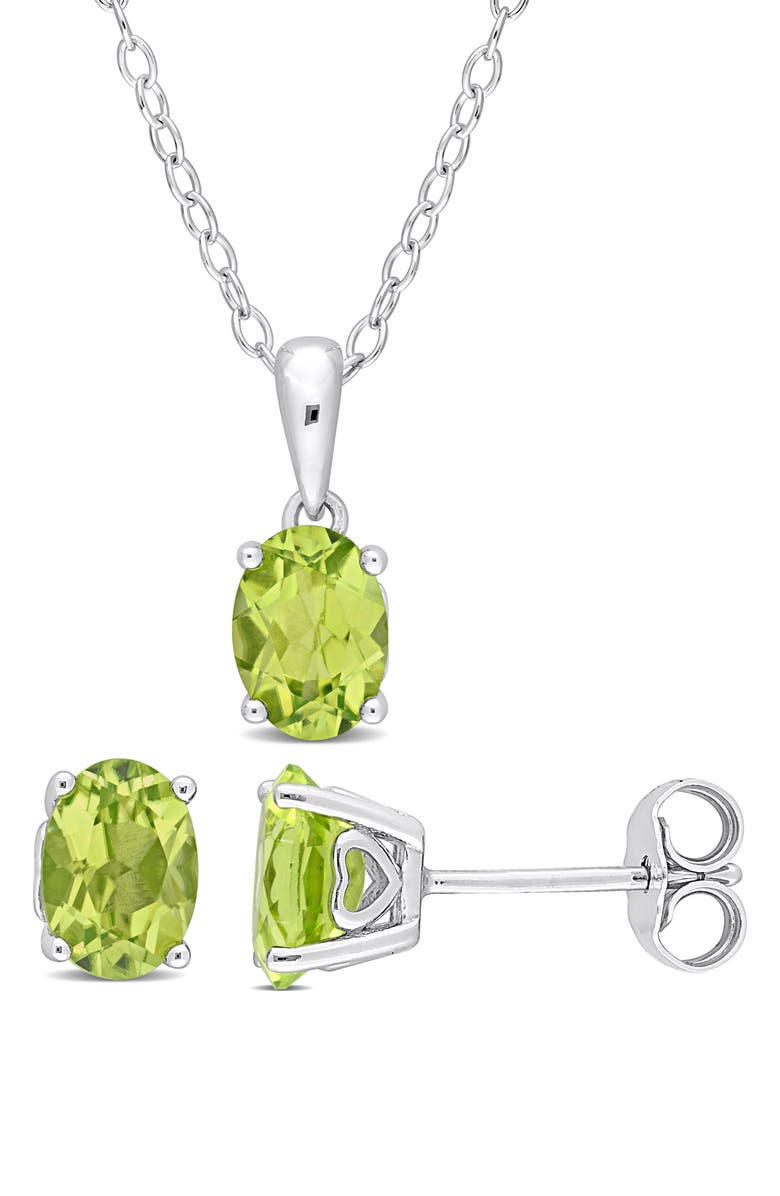 DELMAR Sterling Silver Oval Peridot Stud Earrings & Necklace Set, Main, color, Green