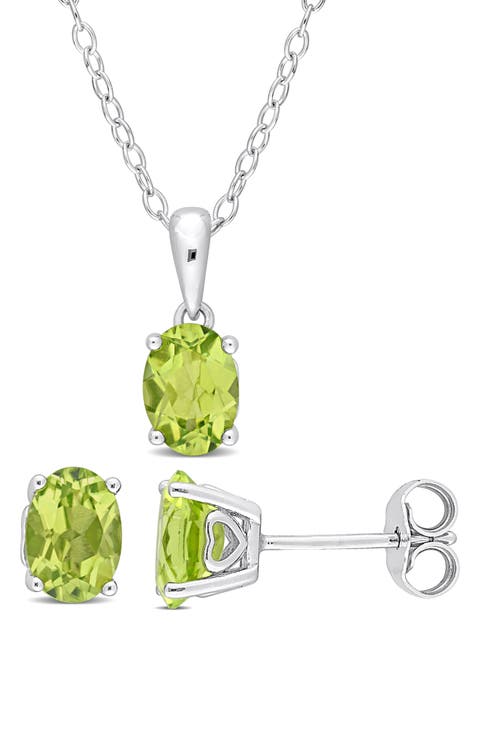 Sterling Silver Oval Peridot Stud Earrings & Necklace Set