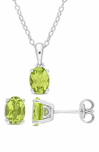 Sterling Silver Oval Peridot Stud Earrings & Necklace Set