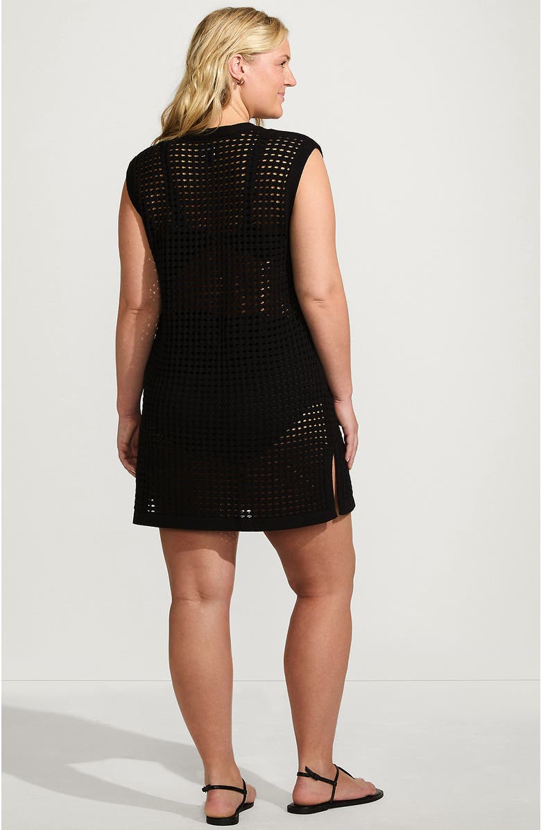 Lands' End Cotton Open Knit V-Neck Swim Cover-up Dress, Alternate, color, Black