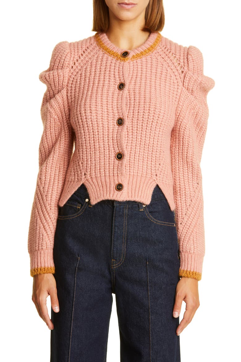 Elle Puff Sleeve Cardigan, Main, color, ROSEWOOD