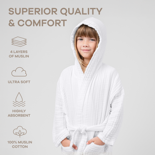 Comfy Cubs Muslin Bath Robe For Kids In White