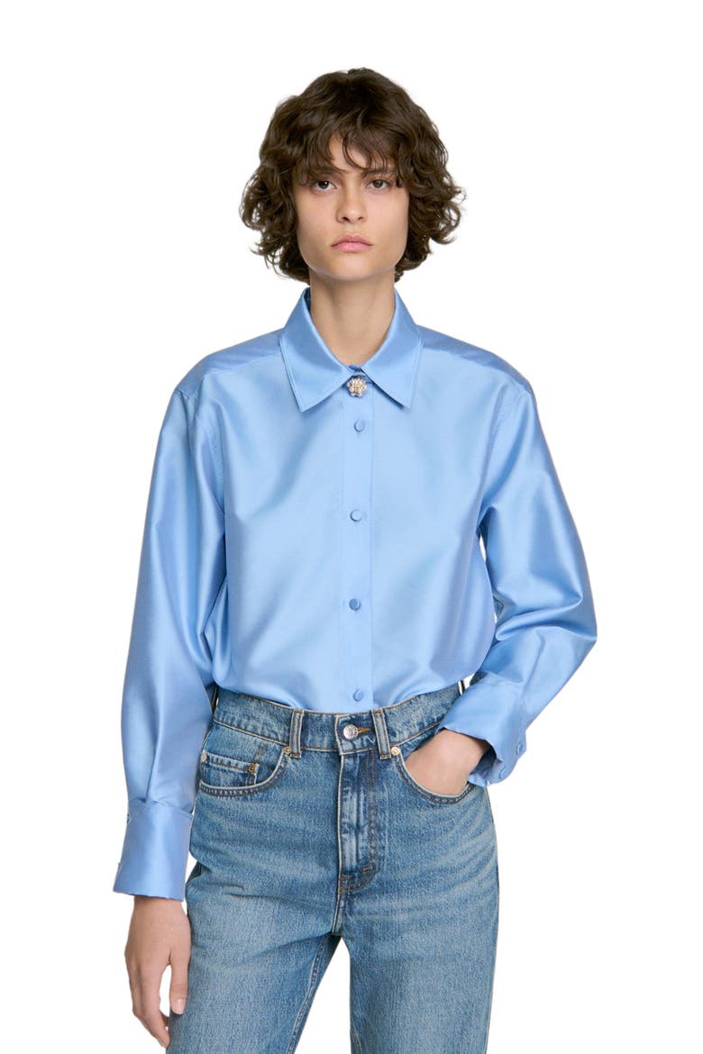 Jewellery detail satin shirt, Alternate, color, Sky blue