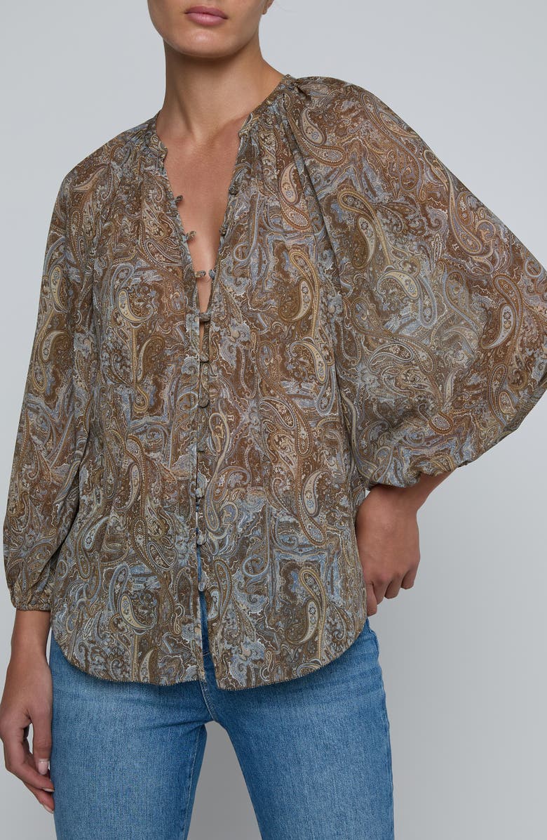 L'AGENCE Teagan Paisley Puff Sleeve Top, Main, color, Neutral/ Blue Ditsy Paisley