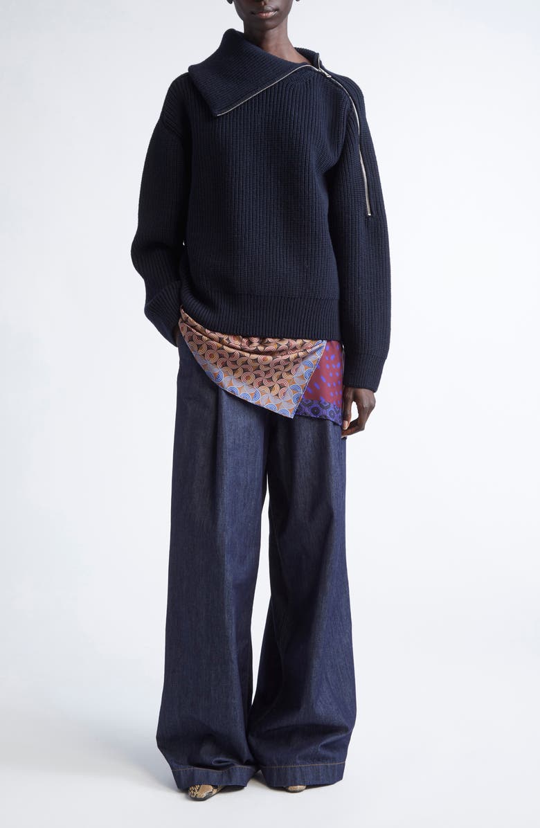 Dries Van Noten Talim Wool Half Zip Turtleneck Sweater, Alternate, color, Black