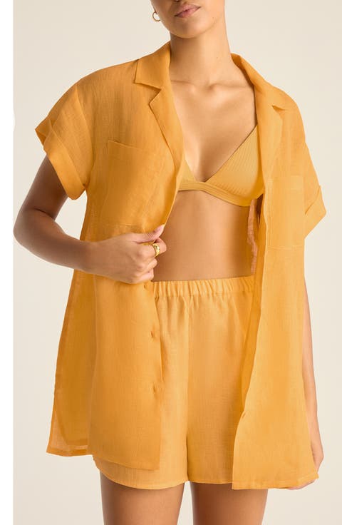 Playa Pocket Linen Cover-Up Button-Up Shirt