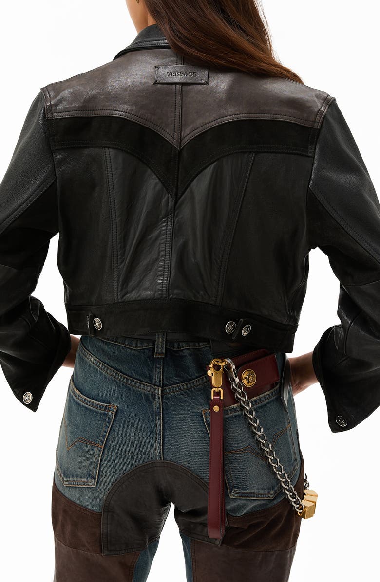 Versace Crop Mixed Leather Jacket, Alternate, color, Black