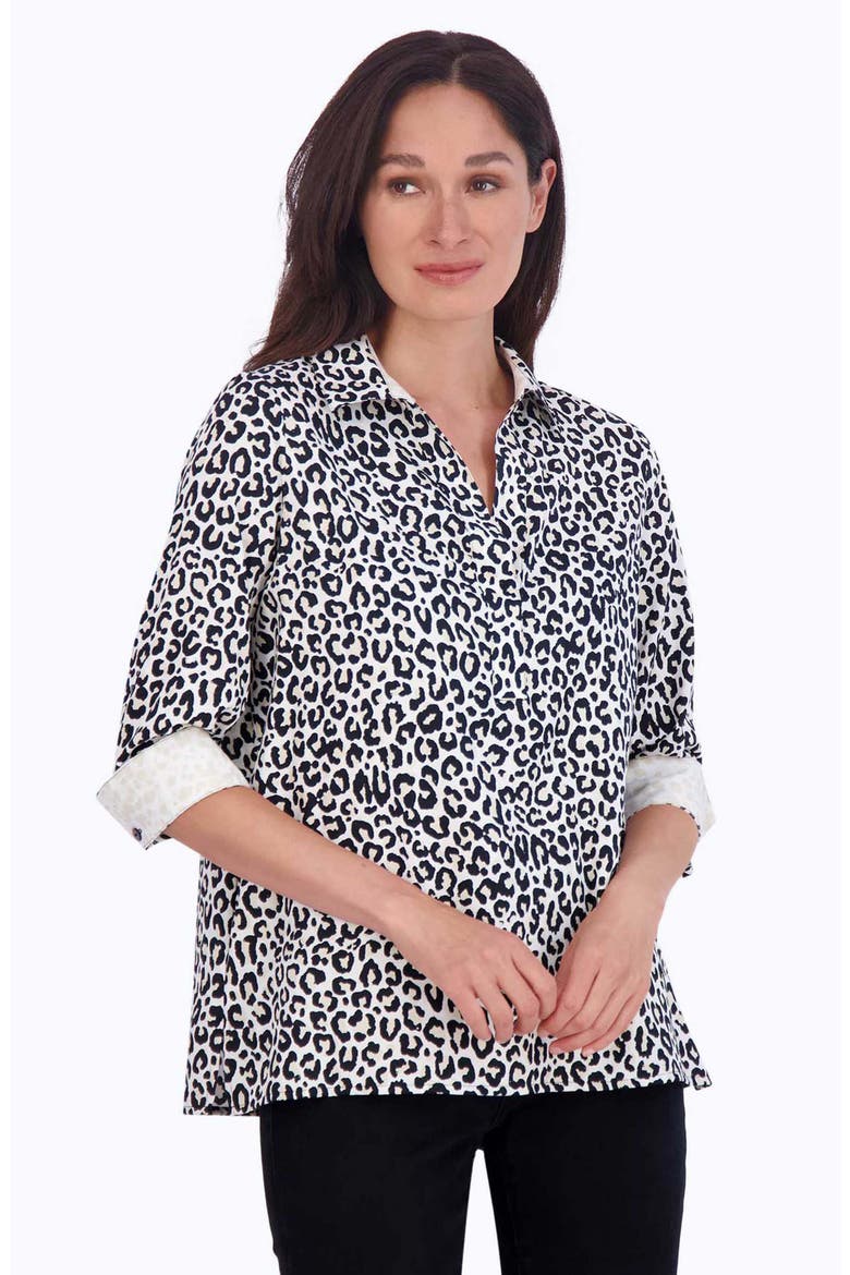 Sophia Leopard Print Three-Quarter Sleeve Cotton Popover Shirt, Alternate, color, WHITE MULTI