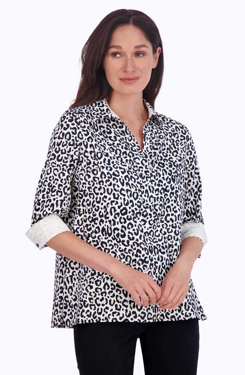 Foxcroft Sophia Leopard Print Three-Quarter Sleeve Cotton Popover Shirt, Alternate, color, 
