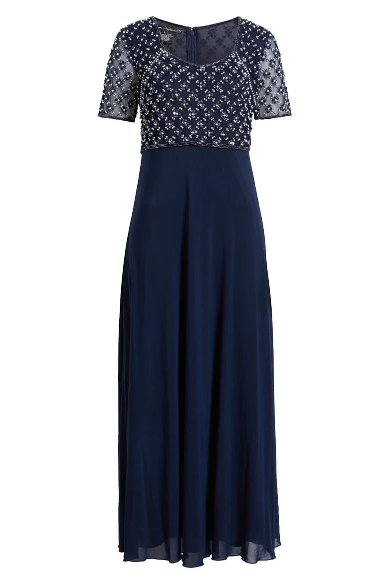 Faux Pearl Bodice Gown, Alternate, color, NAVY 410