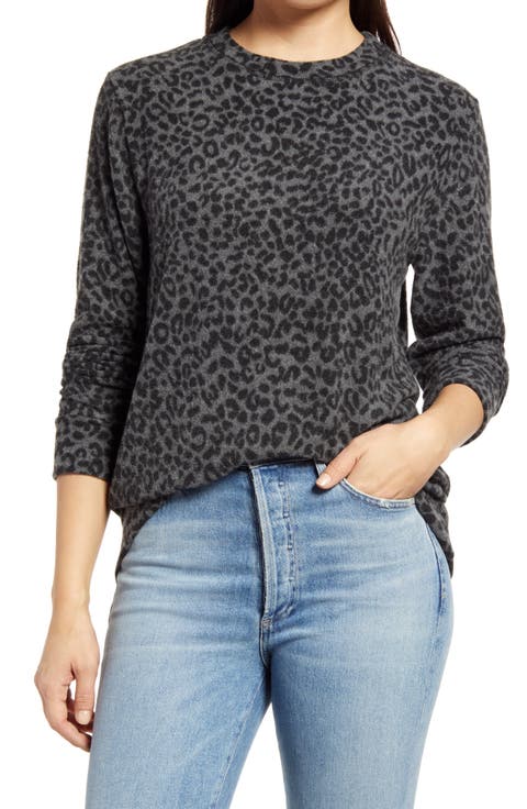 Brushed Leopard Print Long Sleeve Crewneck Top