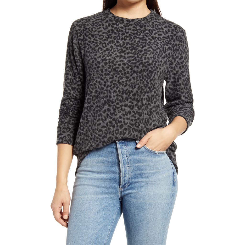Loveappella Brushed Leopard Print Long Sleeve Crewneck Top in Gray/Black  product