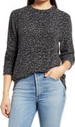 Loveappella Brushed Leopard Print Long Sleeve Crewneck Top