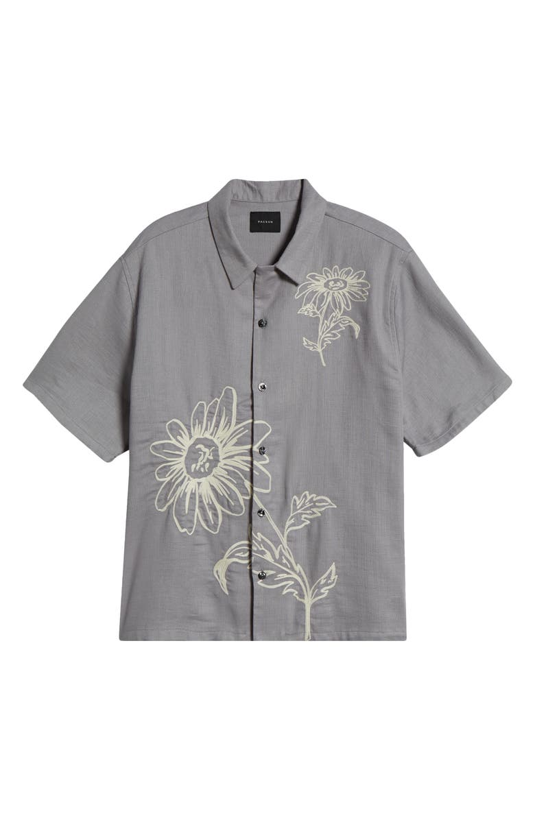PacSun Weave Floral Embroidered Camp Shirt, Alternate, color, Grey Blue