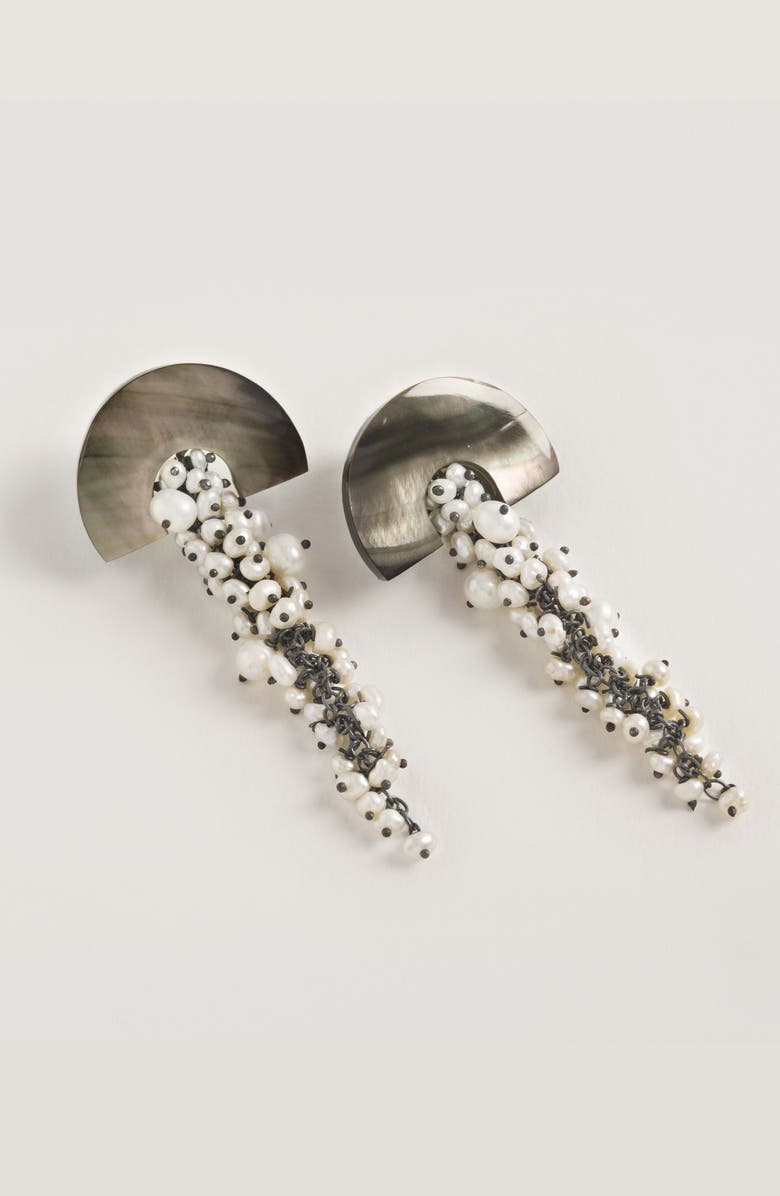 Freya Rose Hakuro Mother of Pearl and Pearl Long Drops, Alternate, color, Black