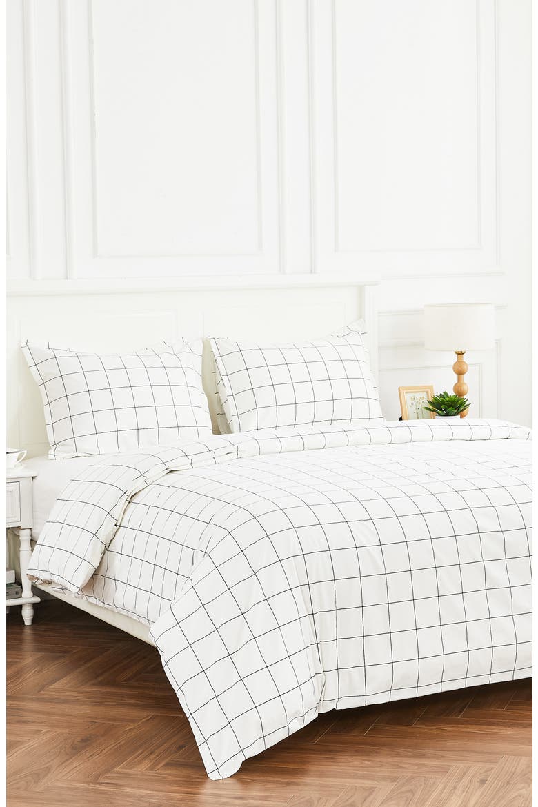 Percale Cotton Grid Duvet Set, Alternate, color, BLACK