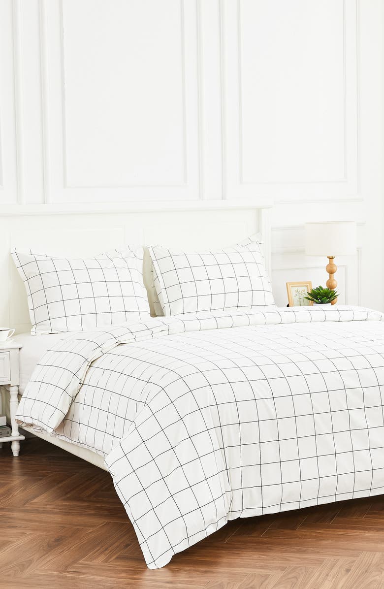 MELANGE HOME Percale Cotton Grid Duvet Set, Alternate, color, Black