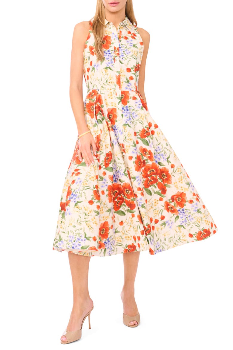 Noemi Floral Pleated Sleeveless Cotton Midi Shirtdress, Main, color, FIRE ORANGE