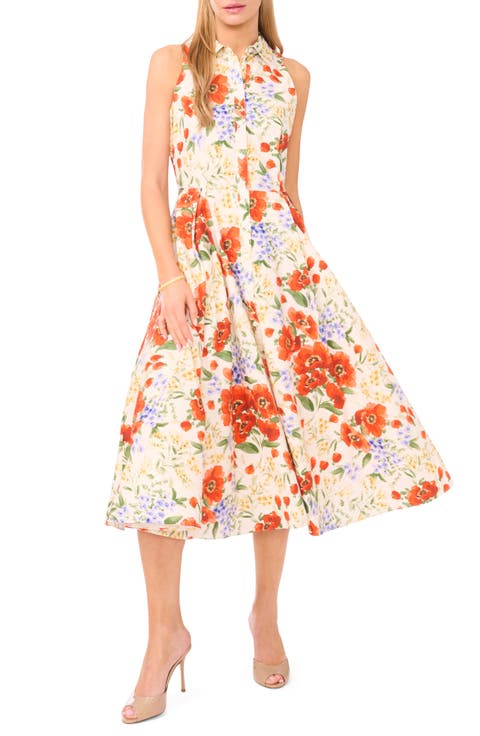 Noemi Floral Pleated Sleeveless Cotton Midi Shirtdress