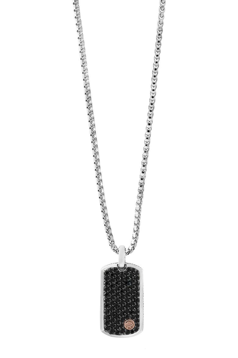 Men's Sterling Silver & 18K Rose Gold Pavé Black Sapphire Dog Tag Pendant Necklace, Main, color, BLACK