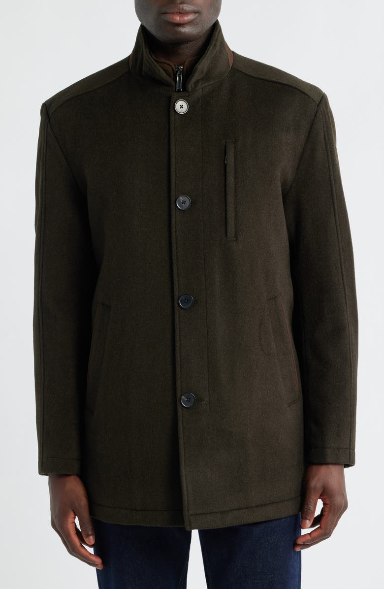 Johnston & Murphy Upton Luxe 175th Anniversary Brown Wool Blend Car Coat with Removable Suede Bib, Alternate, color, Loden