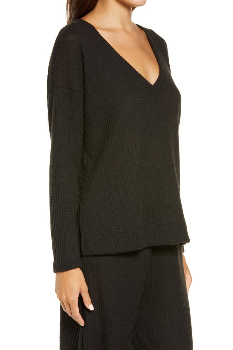 Waffle V-Neck Top, Alternate, color, BLACK