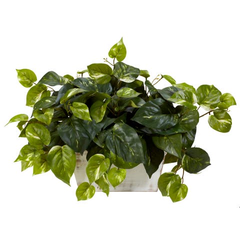 Pothos with White Wash Planter Artificial Plant
