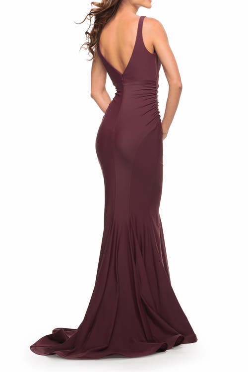 La Femme Simple Jersey Gown With Flattering Ruching In Dark Wine