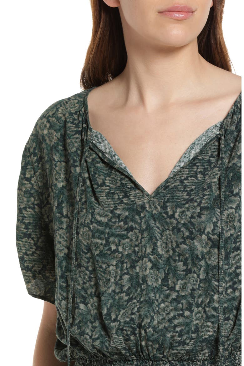 Shirred Split Neck Blouse, Alternate, color, NAVY- GREEN TAPESTRY