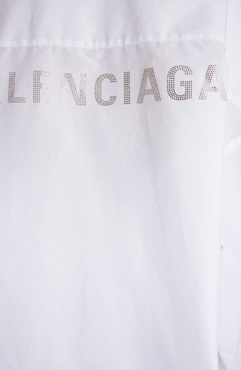 Balenciaga Oversize Crystal Logo Cotton Button-Up Cocoon Shirt, Alternate, color, White