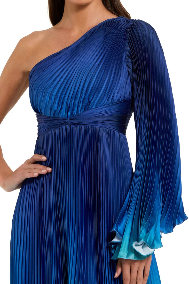Petite Pleated Charmeuse One-Shoulder Ombre Gown with Flared Sleeve, Alternate, color, Blue Ombre