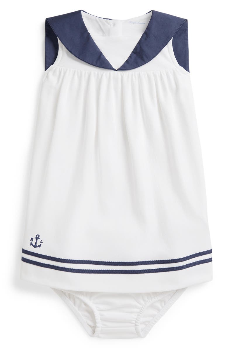 Ralph Lauren Cotton Interlock Sailor Dress & Bloomers Set, Main, color, White