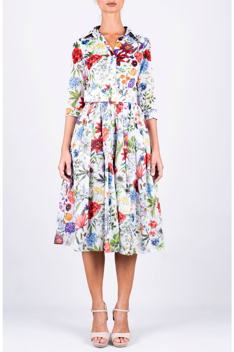Multicolor Botanic Pleated Midi Shirtdress, Main, color, White