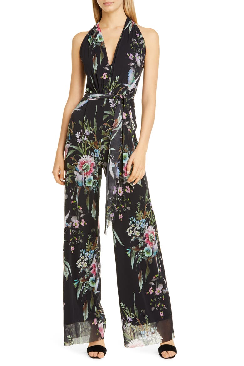 Floral Print Tulle Halter Jumpsuit, Main, color, NERO