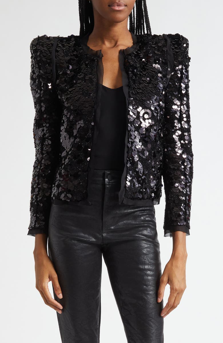 L'AGENCE Shai Paillette Strong Shoulder Jacket, Main, color, Black