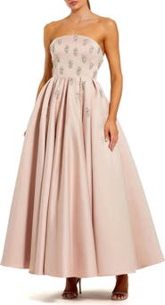 Mac Duggal Crystal Embellished Strapless Satin A-Line Dress