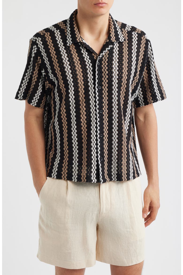 Wade Openwork Stripe Camp Shirt, Main, color, BLACK