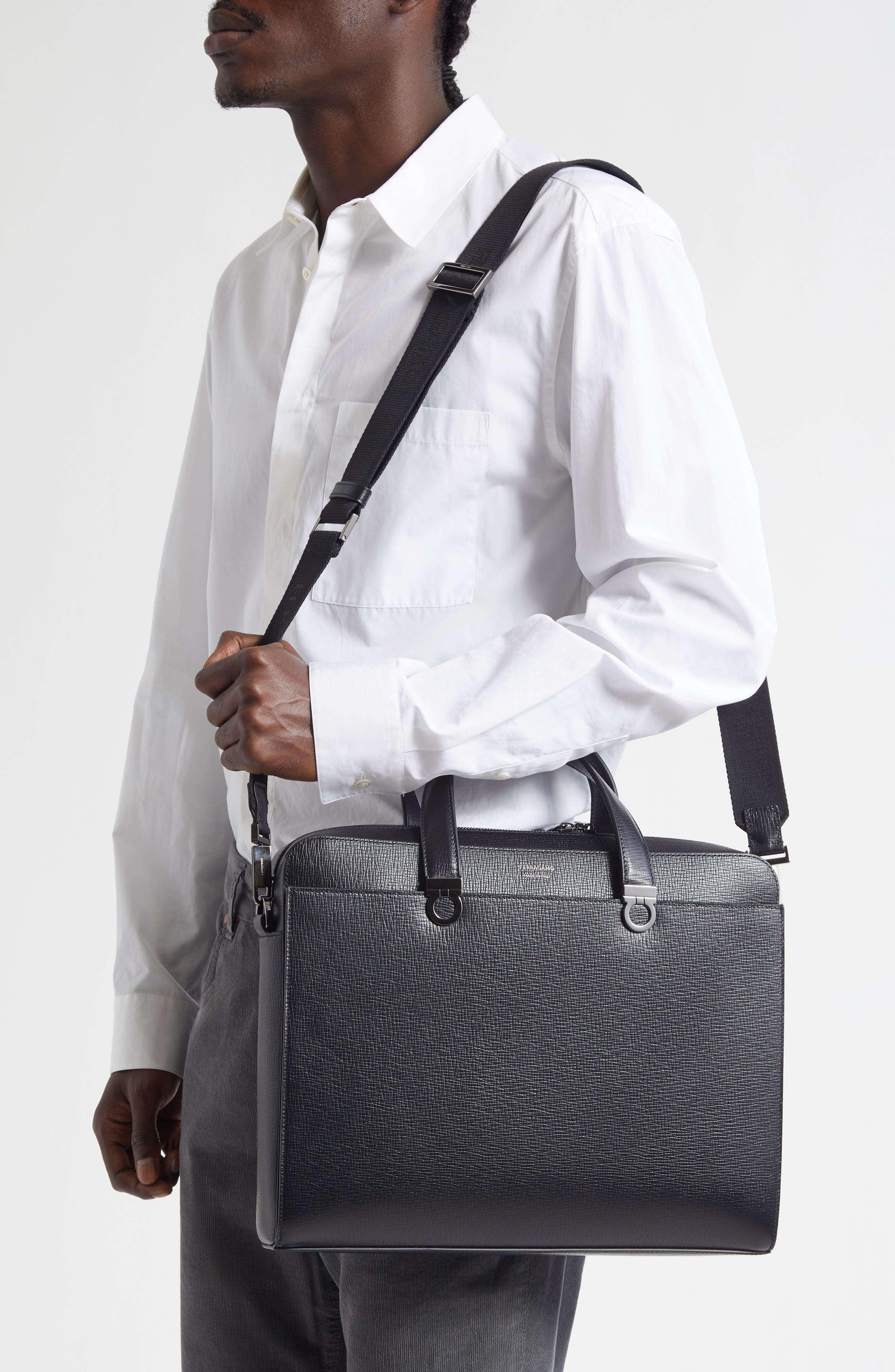 FERRAGAMO Trading Gancio Leather Briefcase, Alternate, color, Nero