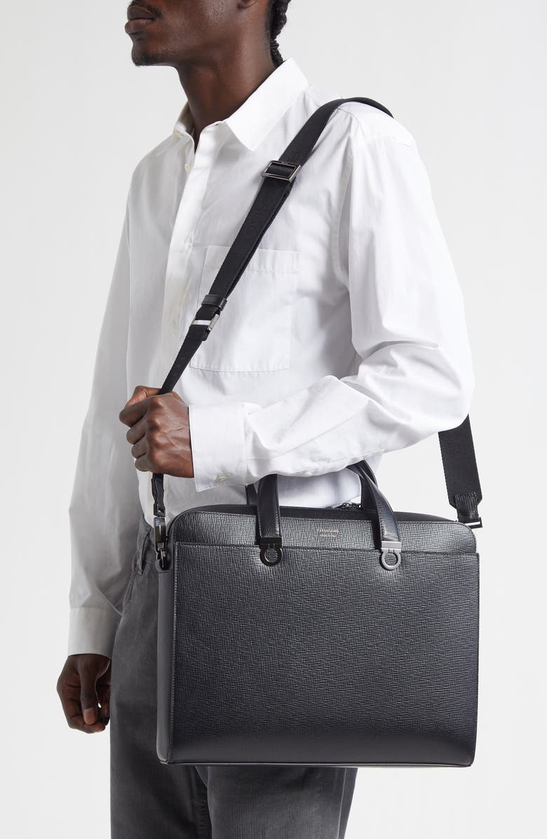 FERRAGAMO Trading Gancio Leather Briefcase, Alternate, color, Nero
