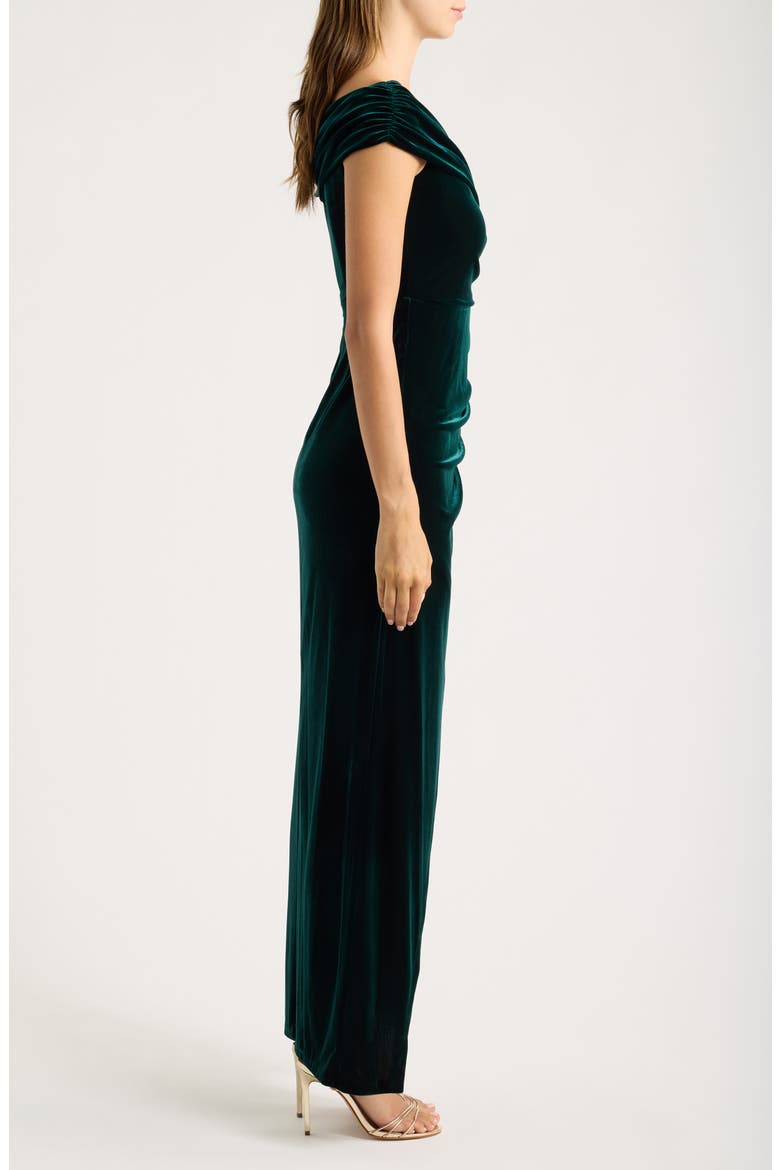 Draped Off the Shoulder Velvet Sheath Gown, Alternate, color, HUNTER