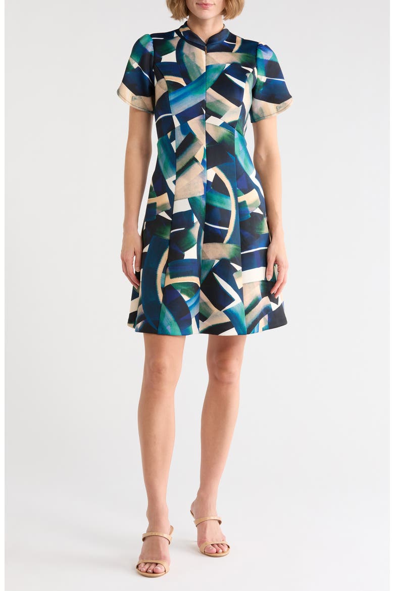 Print Fit and Flare Dress, Main, color, BLUE MULTI